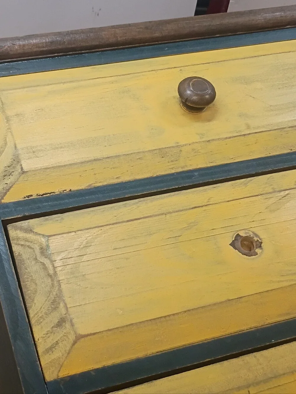 Small 3 Drawer Pine Accent Chest, Blue With Yellow Drawers, Rustic